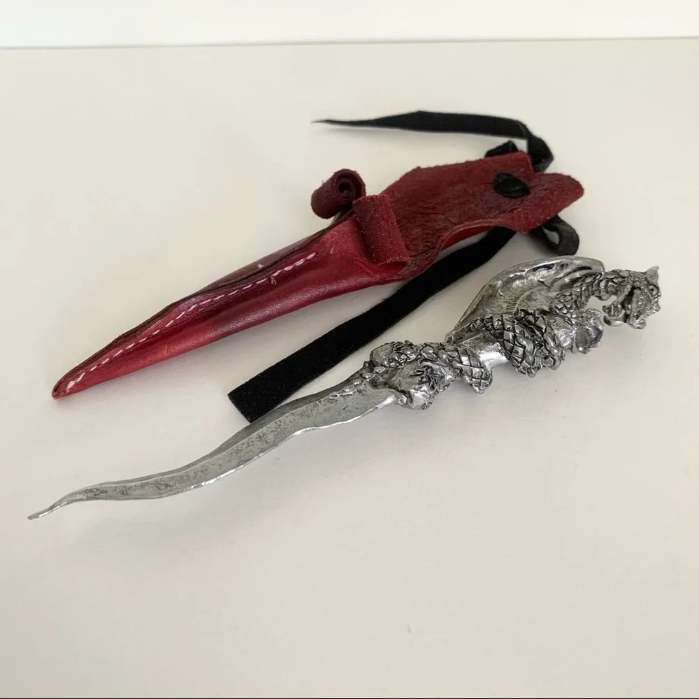 Vintage Medieval dragon letter opener in leather sheath